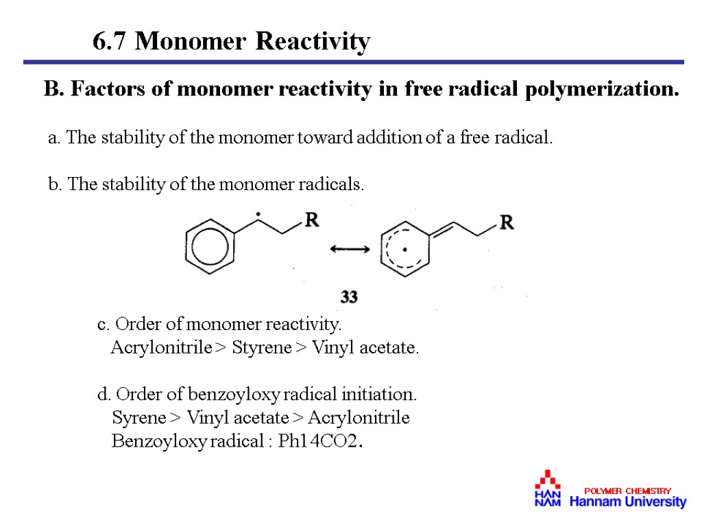 B. Factors of monomer reactivity in free radical polymerization. a. The stability of the